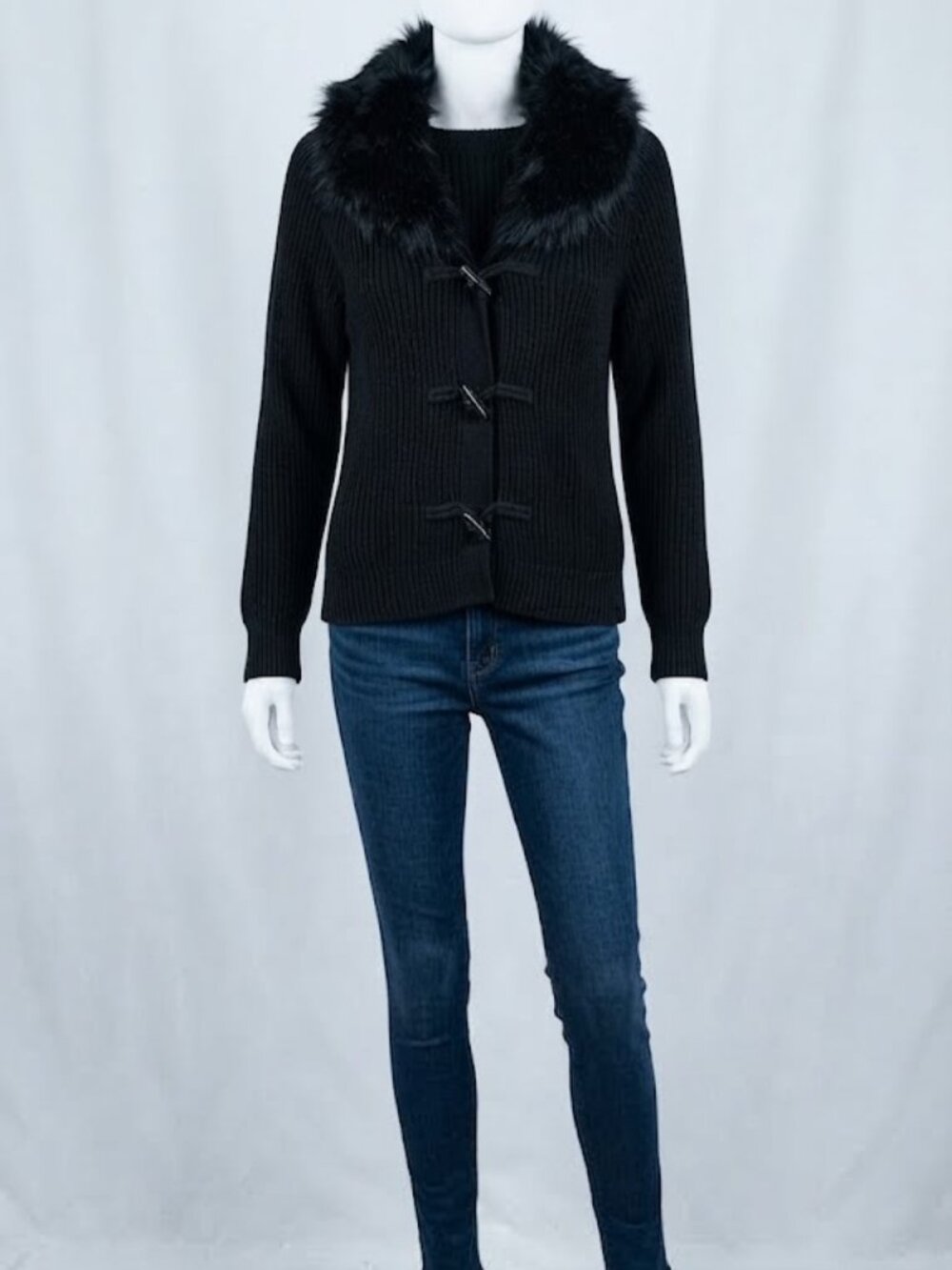 Champs Black Chunky Knit Hooded Cardigan Faux Fur Trim Toggle Button Sz M NWT